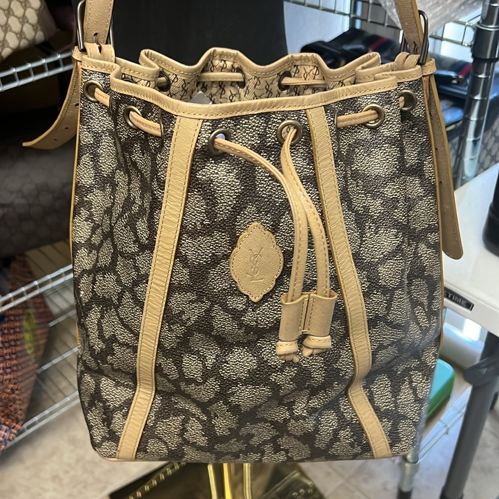 Yves Saint Laurent Brown and Tan Drawstring Bucket Bag